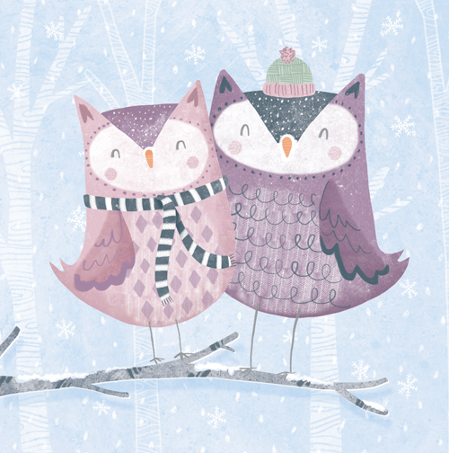 illustration owls contemporary snowy wintry cute textured character design christmas