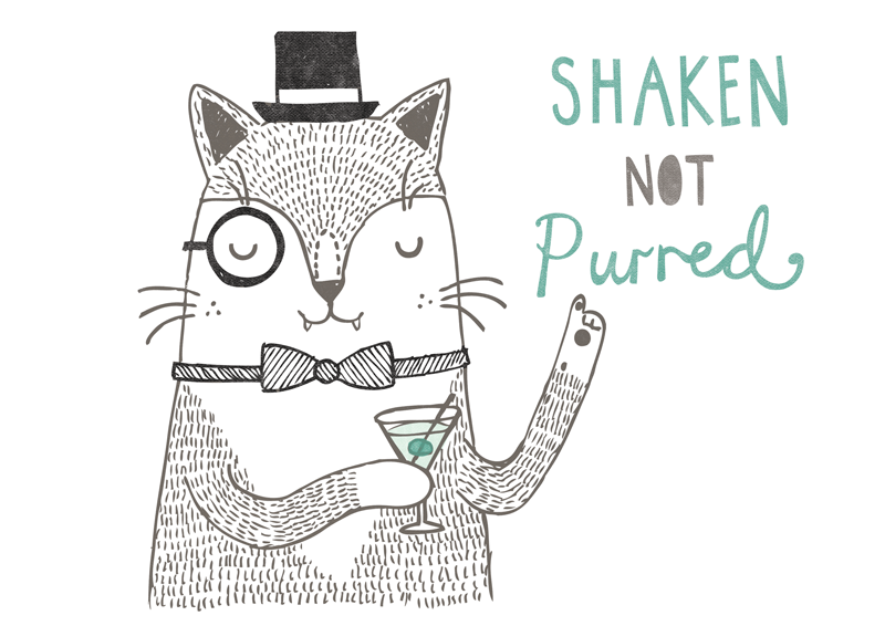Shaken not stirred James Bond 007 cat pun illustration