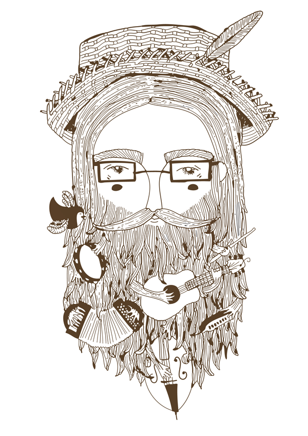 illustration folk man beard instruments guitar accordion tambourine double bass cello mouth harmonica hat feather line drawing character portrait