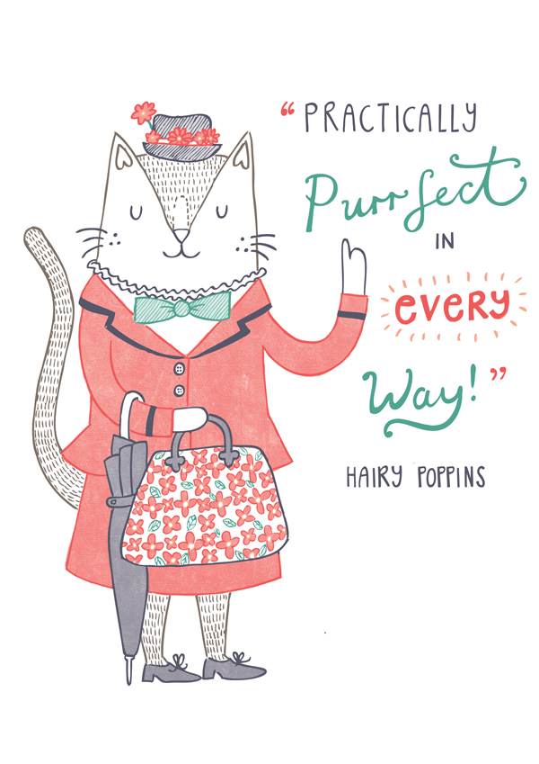 Mary Poppins cat pun illustration