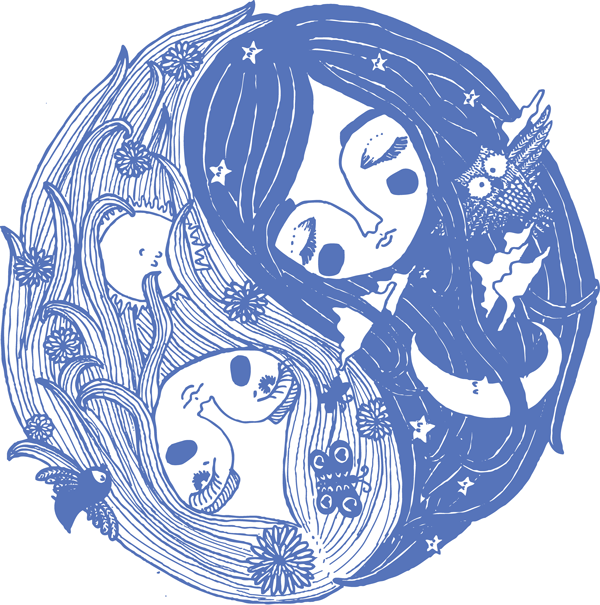 illustration ying and yang night day contrast line drawing owl moon sun bird butterfly girls