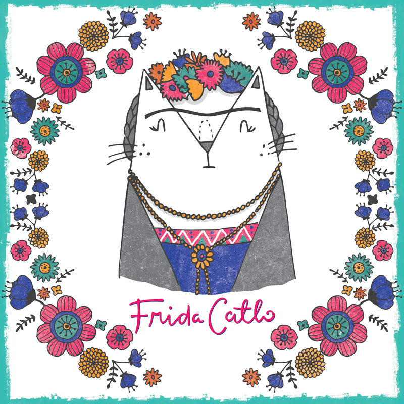 Frida Kahlo cat pun illustration